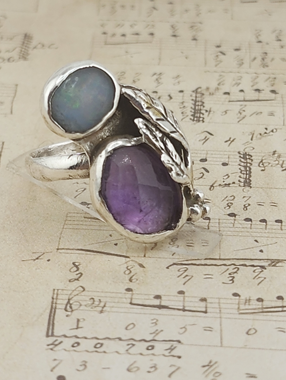 OPAL & AQUAMARINE HANDMADE RING IN STERLING SILVER SZ 8.5 - Picture 6 of 11
